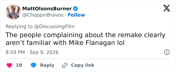 A screenshot of a social media post showing a fan review of the Gen Z Stephen King adaptation saying, The people complaining about the remake clearly arent familiar with Mike Flanagan lol A screenshot of a social media post showing a fan review of the Gen Z Stephen King adaptation saying, The people complaining about the remake clearly arent familiar with Mike Flanagan lol