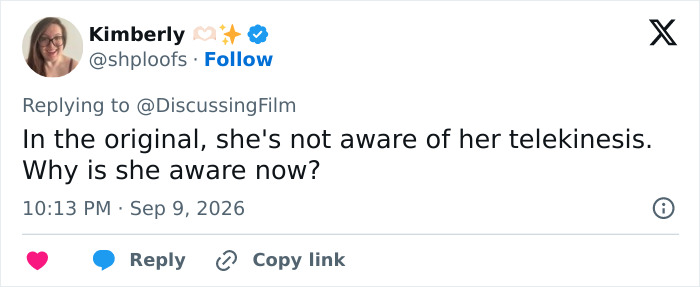 A social media post from 'Kimberly' questioning plot changes in a Stephen King adaptation, showing fan fury. A social media post from 'Kimberly' questioning plot changes in a Stephen King adaptation, showing fan fury.