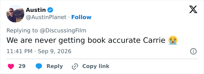 Austin user is furious over Gen Z Stephen King adaptation, lamenting the lack of book-accurate Carrie. Austin user is furious over Gen Z Stephen King adaptation, lamenting the lack of book-accurate Carrie.