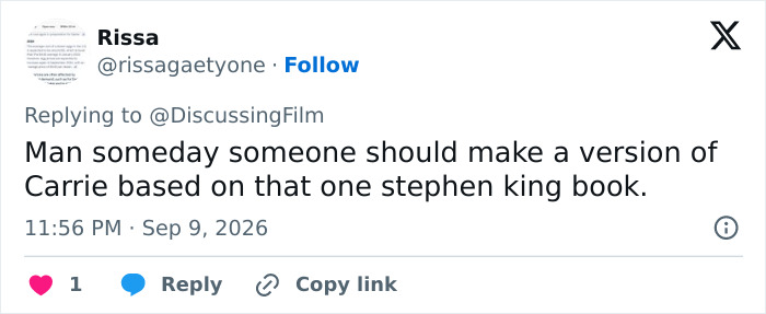 A tweet suggests a new version of Carrie based on a Stephen King book, referencing the Gen Z adaptation. A tweet suggests a new version of Carrie based on a Stephen King book, referencing the Gen Z adaptation.