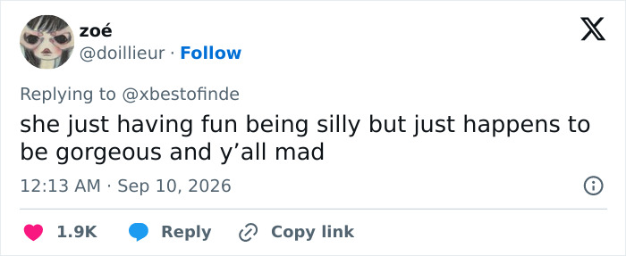Tweet from a fan defending a Hollywood rising star, saying she's just having fun and is gorgeous. Tweet from a fan defending a Hollywood rising star, saying she's just having fun and is gorgeous.