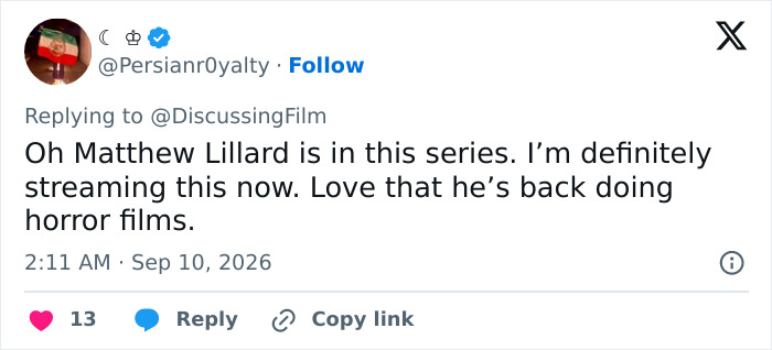 PersianR0yalty expresses excitement for a Gen Z Stephen King adaptation because Matthew Lillard is in the series. PersianR0yalty expresses excitement for a Gen Z Stephen King adaptation because Matthew Lillard is in the series.