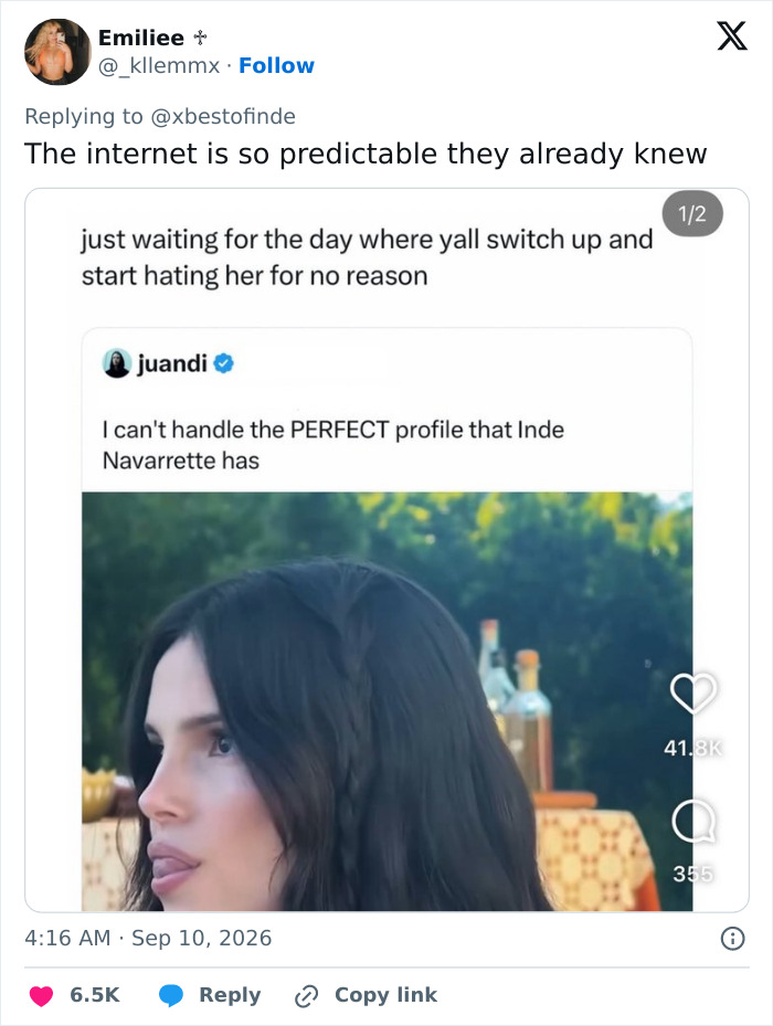 Tweet showing a fan predicting others will turn on the Hollywood rising star, alongside a previous praise of her profile. Tweet showing a fan predicting others will turn on the Hollywood rising star, alongside a previous praise of her profile.