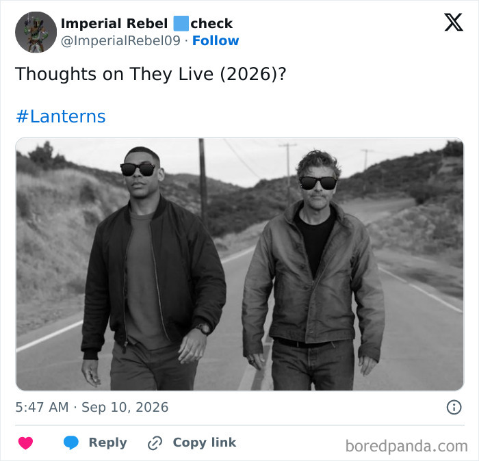A social media post with a black-and-white image of two men walking, related to memes trolling superhero show scenes.