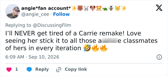 A fan account expresses excitement for a Stephen King adaptation, specifically a Carrie remake, stating they will never tire of it. A fan account expresses excitement for a Stephen King adaptation, specifically a Carrie remake, stating they will never tire of it.