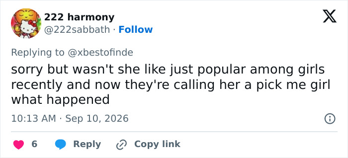 A social media user comments on a Hollywood rising star, questioning why she was popular among girls and now being called a pick-me girl, highlighting the harsh reality of fame. A social media user comments on a Hollywood rising star, questioning why she was popular among girls and now being called a pick-me girl, highlighting the harsh reality of fame.