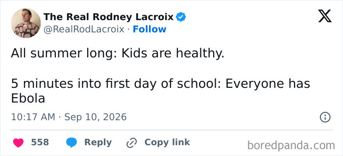 A tweet where parents vented about kids getting sick on the first day of school