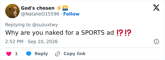 A social media post asking why Sydney Sweeney is naked for a sports ad, impacting her lingerie brand. A social media post asking why Sydney Sweeney is naked for a sports ad, impacting her lingerie brand.