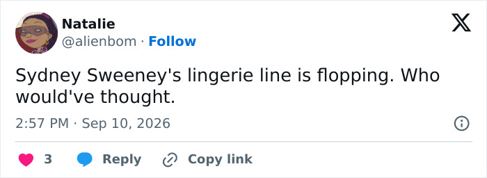 A social media post about Sydney Sweeney's lingerie brand reportedly struggling, indicating issues with her brand. A social media post about Sydney Sweeney's lingerie brand reportedly struggling, indicating issues with her brand.
