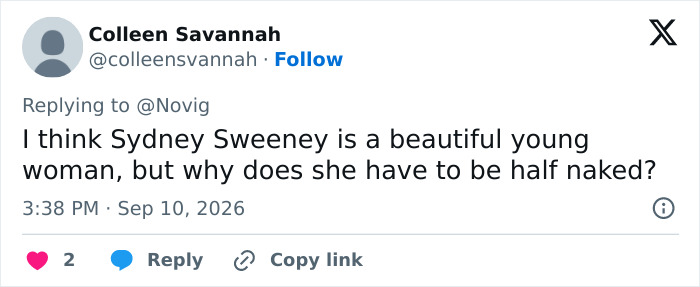 Screenshot of a tweet discussing Sydney Sweeney and scandalous ads, noting her lingerie brand is struggling. Screenshot of a tweet discussing Sydney Sweeney and scandalous ads, noting her lingerie brand is struggling.