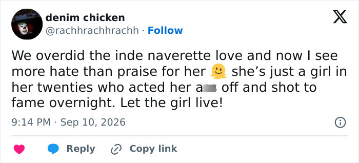 A tweet about a Hollywood rising star facing the harsh reality of fame as fans turn on her after praising her transformation. A tweet about a Hollywood rising star facing the harsh reality of fame as fans turn on her after praising her transformation.