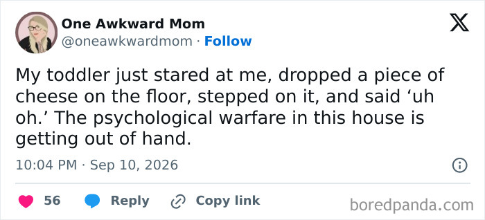 A funny tweet showing how parents vented on social media about their toddler dropping cheese.