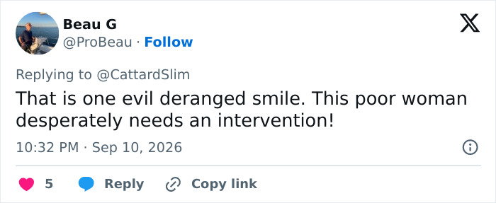 An online reaction calling Trump Aide Natalie Harp's smile evil and deranged