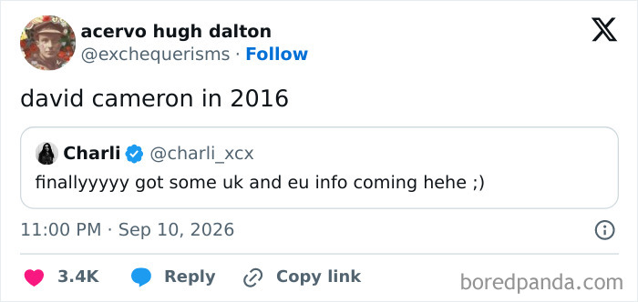 A funny tweet comparing Charli XCX to David Cameron in 2016, selected for funny tweets.