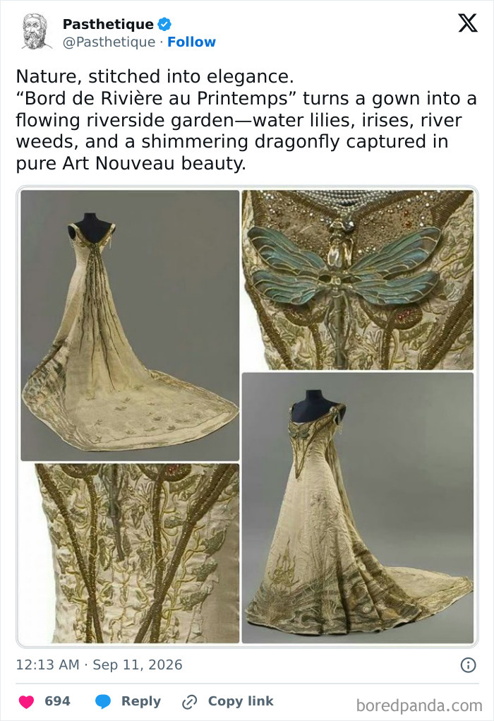 Collage of an elegant Art Nouveau dress showing intricate floral embroidery and a dragonfly detail.