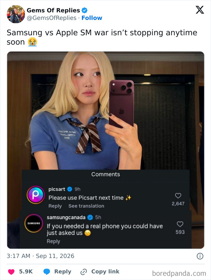 A woman takes a selfie with a phone, featuring comments about phone brands, highlighting perfect replies.