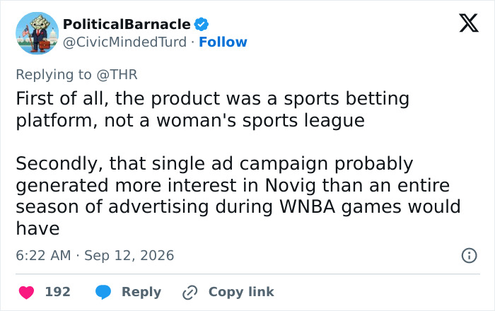 Screenshot of a tweet from PoliticalBarnacle discussing Sydney Sweeney's betting ad campaign and its impact. Screenshot of a tweet from PoliticalBarnacle discussing Sydney Sweeney's betting ad campaign and its impact.