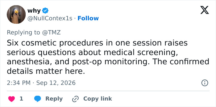 Tweet questioning medical screening, anesthesia, and post-op monitoring for multiple cosmetic procedures. Tweet questioning medical screening, anesthesia, and post-op monitoring for multiple cosmetic procedures.