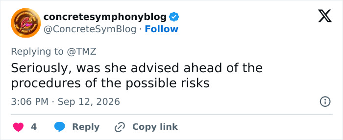 A tweet about a woman who loses her life after undergoing 6 cosmetic procedures, asking if she was advised of risks. A tweet about a woman who loses her life after undergoing 6 cosmetic procedures, asking if she was advised of risks.