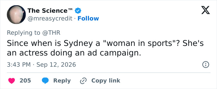 Screenshot of a tweet from The Science questioning Sydney Sweeney's role as a woman in sports for a betting ad campaign. Screenshot of a tweet from The Science questioning Sydney Sweeney's role as a woman in sports for a betting ad campaign.
