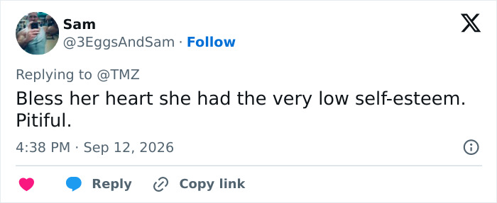 Tweet expressing pity and attributing low self-esteem to a woman who underwent cosmetic procedures. Tweet expressing pity and attributing low self-esteem to a woman who underwent cosmetic procedures.