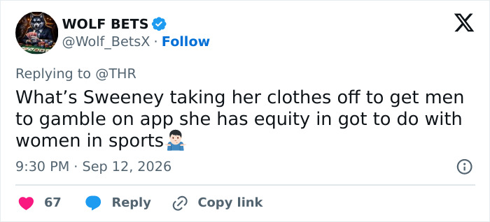Twitter post discussing Sydney Sweeney's ad campaign and its relevance to women in sports. Twitter post discussing Sydney Sweeney's ad campaign and its relevance to women in sports.