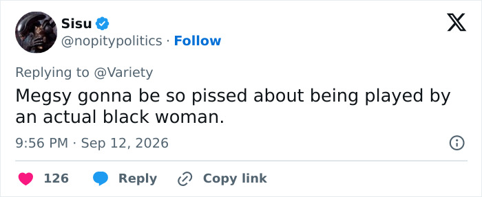 A tweet from Sisu commenting on Meghan Markle's reaction to being portrayed by a black woman, regarding SNL UK. A tweet from Sisu commenting on Meghan Markle's reaction to being portrayed by a black woman, regarding SNL UK.