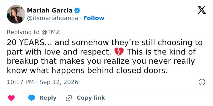 Tweet by Mariah Garcia discussing Alan Ritchson's split after 20 years, highlighting the mystery of private breakups. Tweet by Mariah Garcia discussing Alan Ritchson's split after 20 years, highlighting the mystery of private breakups.