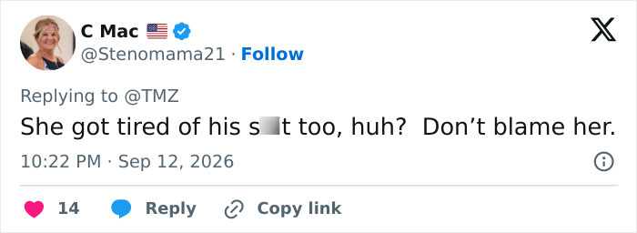 A tweet by C Mac speculating about Alan Ritchson's split from wife, with a comment about her getting tired of him. A tweet by C Mac speculating about Alan Ritchson's split from wife, with a comment about her getting tired of him.