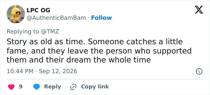 Tweet speculating on Alan Ritchson's split from wife, noting someone catching fame and leaving their supporter. Tweet speculating on Alan Ritchson's split from wife, noting someone catching fame and leaving their supporter.
