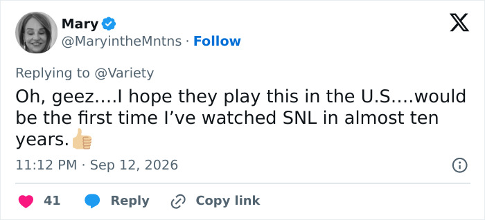 A tweet by Mary about SNL UK and Meghan Markle and Prince Harry. A tweet by Mary about SNL UK and Meghan Markle and Prince Harry.