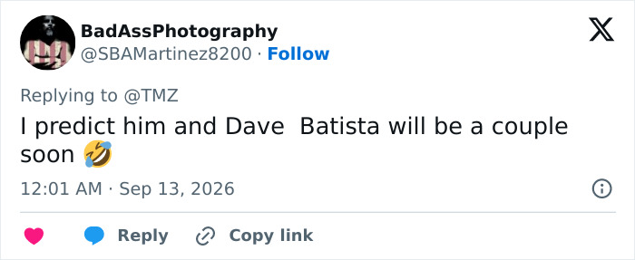 A tweet by BadAssPhotography predicting Alan Ritchson will be a couple with Dave Bautista after his split from wife. A tweet by BadAssPhotography predicting Alan Ritchson will be a couple with Dave Bautista after his split from wife.