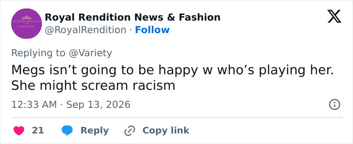 A Twitter comment by Royal Rendition News & Fashion about SNL UK and Meghan Markle and Prince Harry. A Twitter comment by Royal Rendition News & Fashion about SNL UK and Meghan Markle and Prince Harry.