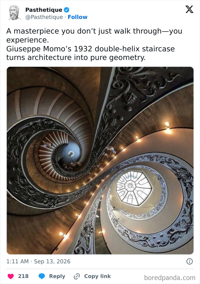 High-angle view of Giuseppe Momo's double-helix staircase, showcasing stunning aesthetic architecture.