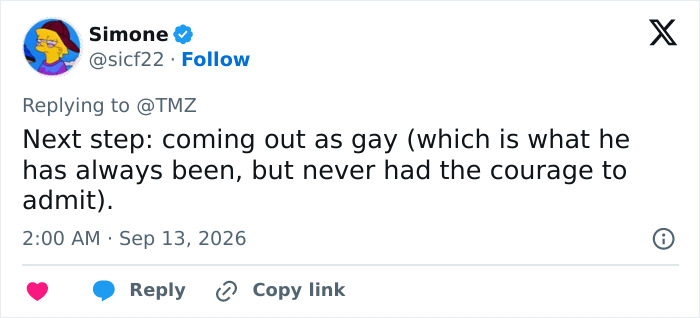 Tweet speculating Alan Ritchson will come out as gay after his split, suggesting he's always been gay. Tweet speculating Alan Ritchson will come out as gay after his split, suggesting he's always been gay.