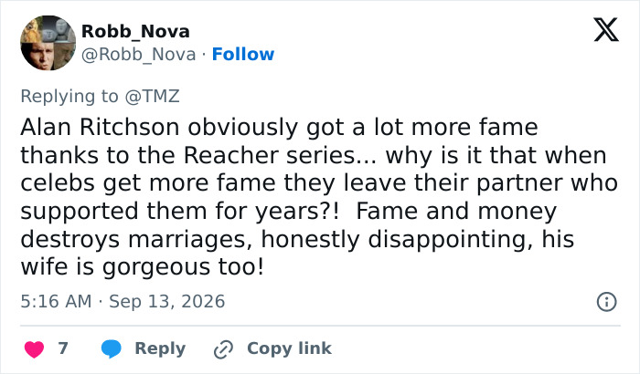 A social media comment on Alan Ritchson's marriage, noting his fame from Reacher. A social media comment on Alan Ritchson's marriage, noting his fame from Reacher.