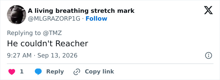 A tweet commenting on Alan Ritchson's marriage split, referencing his role in Reacher. A tweet commenting on Alan Ritchson's marriage split, referencing his role in Reacher.