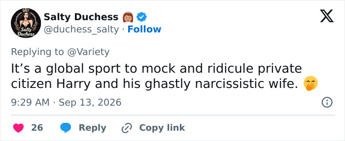 A tweet from Salty Duchess ridiculing Meghan Markle and Prince Harry for their UK return. A tweet from Salty Duchess ridiculing Meghan Markle and Prince Harry for their UK return.