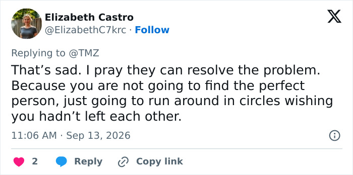 Screenshot of a tweet by Elizabeth Castro about Alan Ritchson's split from his wife, showing a sympathetic comment. Screenshot of a tweet by Elizabeth Castro about Alan Ritchson's split from his wife, showing a sympathetic comment.