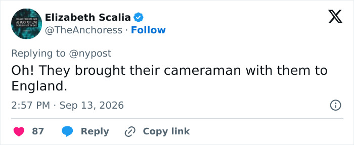 Tweet mentioning Meghan Markle and Prince Harry bringing a cameraman to England, post UK move. Tweet mentioning Meghan Markle and Prince Harry bringing a cameraman to England, post UK move.