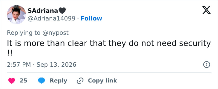 Tweet from SAdriana about Meghan Markle and security, criticizing her post after moving to the UK. Tweet from SAdriana about Meghan Markle and security, criticizing her post after moving to the UK.