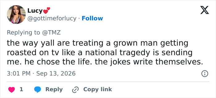A tweet from Lucy about how people are treating a grown man getting roasted on TV like a national tragedy after Meghan Markle and Prince Harry's UK return. A tweet from Lucy about how people are treating a grown man getting roasted on TV like a national tragedy after Meghan Markle and Prince Harry's UK return.