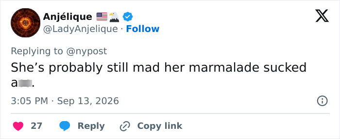 Tweet from Anjélique about Meghan Markle's marmalade, critically commenting on her UK post. Tweet from Anjélique about Meghan Markle's marmalade, critically commenting on her UK post.