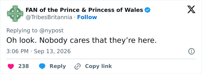 Tweet from FAN of the Prince & Princess of Wales account, 2026, about Meghan Markle post. Tweet from FAN of the Prince & Princess of Wales account, 2026, about Meghan Markle post.
