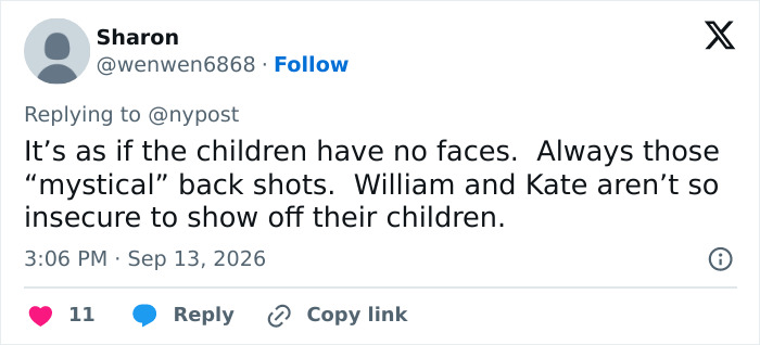 A social media post from 'Sharon' discussing children's photos and comparing them to Catherine and William. A social media post from 'Sharon' discussing children's photos and comparing them to Catherine and William.