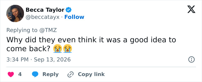 A tweet from Becca Taylor questioning why Meghan Markle and Prince Harry thought returning to the UK was a good idea. A tweet from Becca Taylor questioning why Meghan Markle and Prince Harry thought returning to the UK was a good idea.