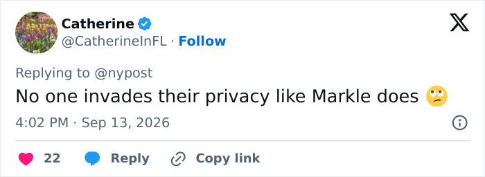Screenshot of a tweet from Catherine criticizing Meghan Markle's post about moving back to the UK. Screenshot of a tweet from Catherine criticizing Meghan Markle's post about moving back to the UK.