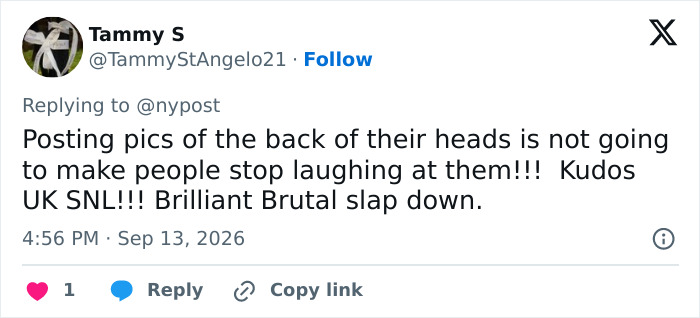 A tweet by Tammy S criticizing Meghan Markle's post after moving back to the UK. A tweet by Tammy S criticizing Meghan Markle's post after moving back to the UK.