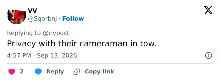 A social media user critiques Meghan Markle's post, mentioning a cameraman and lack of privacy. A social media user critiques Meghan Markle's post, mentioning a cameraman and lack of privacy.
