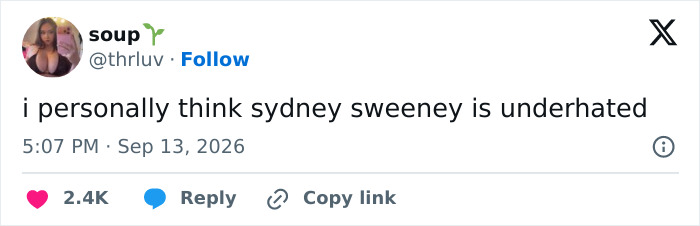 A screenshot of a tweet from soup stating 'i personally think sydney sweeney is underhated' about the betting ad campaign. A screenshot of a tweet from soup stating 'i personally think sydney sweeney is underhated' about the betting ad campaign.